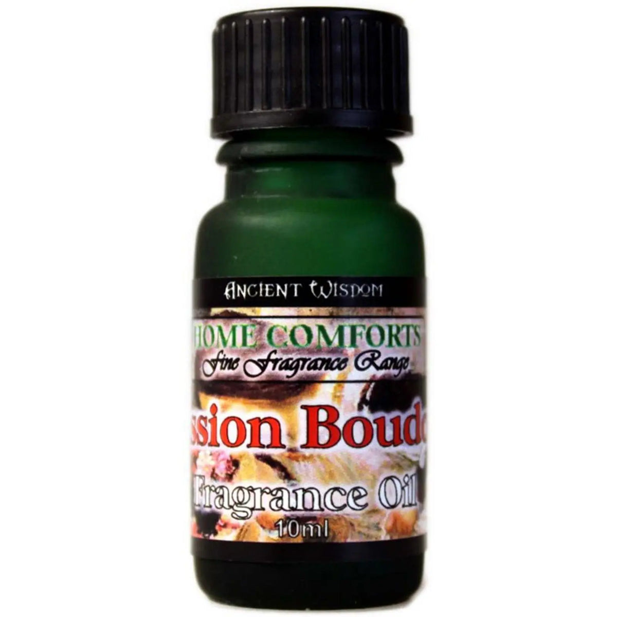 Frasco de vidrio verde oscuro de 10ml con tapón negro y etiqueta decorada para aceite de fragancia de ambiente