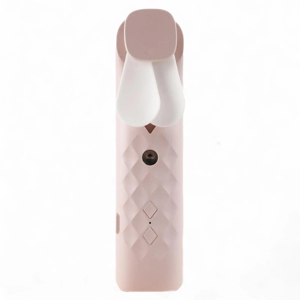 Ventilador pulverizador facial rosa, diseño ergonómico y portátil con aspas blancas y textura geométrica en relieve.