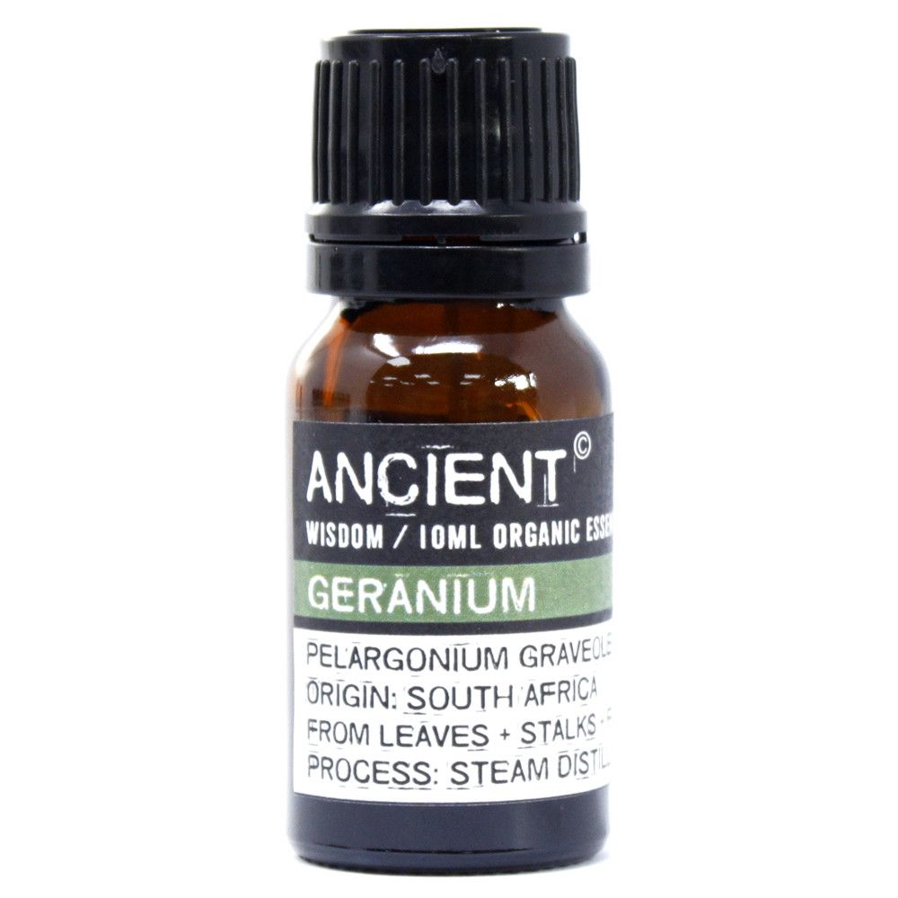Frasco de vidrio ámbar de 10ml con aceite esencial de geranio Ancient Wisdom, tapa negra y etiqueta blanca y verde.