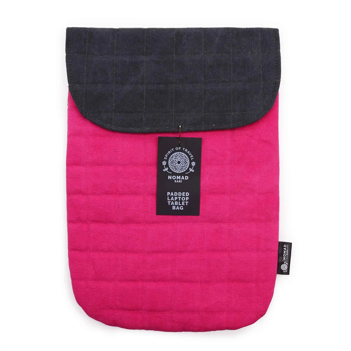 Bolsa acolchada para laptop y tableta, color rosa fucsia con tapa negra, estilo moderno y elegante.