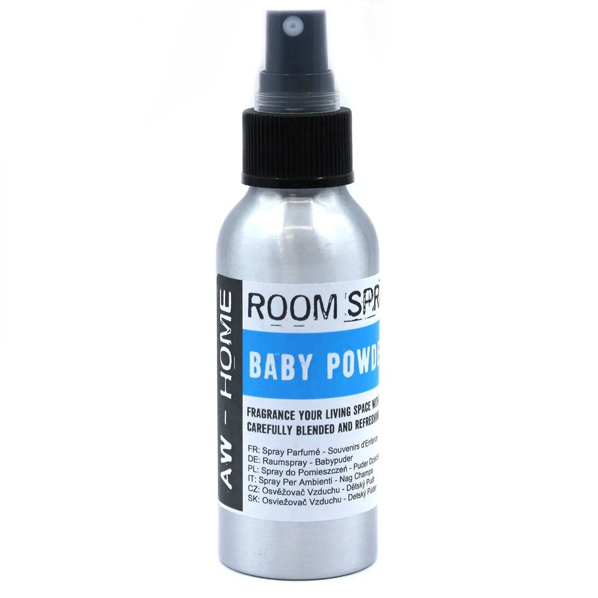 Ambientador de 100ml en envase cilíndrico de aluminio plateado con dosificador negro y etiqueta azul y blanca.