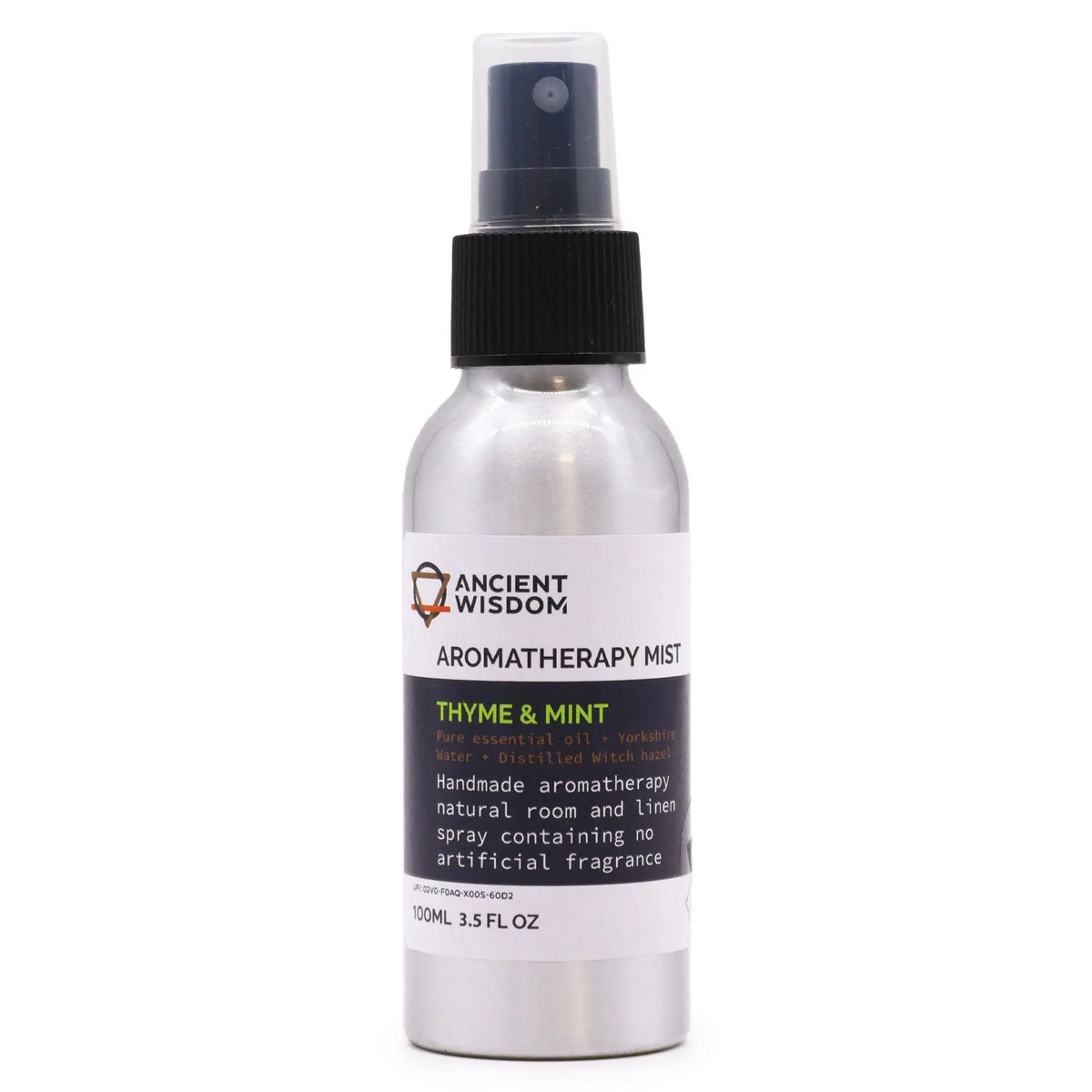 Frasco de spray metálico de 100ml con etiqueta blanca, aromas de tomillo y menta para aromaterapia. Tapa negra.
