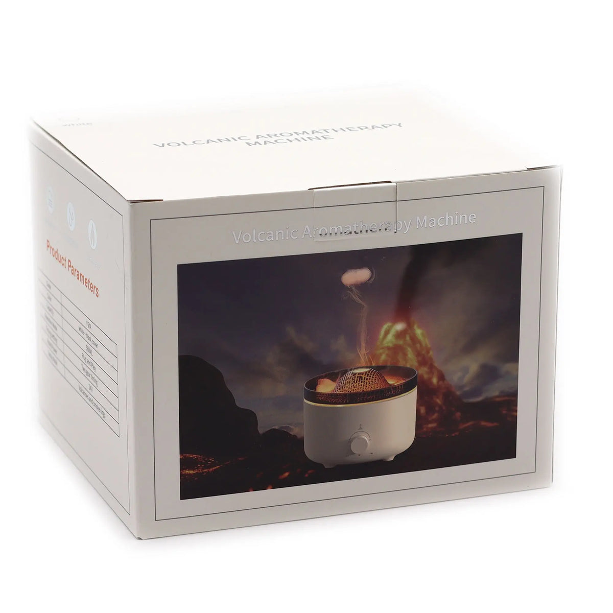 Caja blanca de difusor eléctrico Ancient Wisdom con imagen de volcán, diseño minimalista y botones de control.