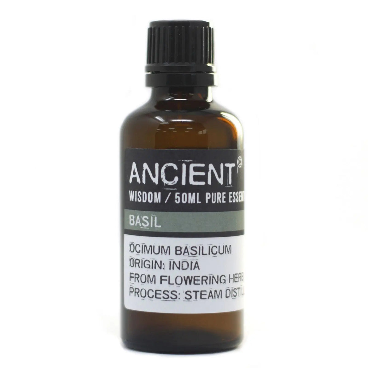 Frasco de vidrio ámbar de 50ml con tapa negra y etiqueta blanca que indica aceite esencial de albahaca.