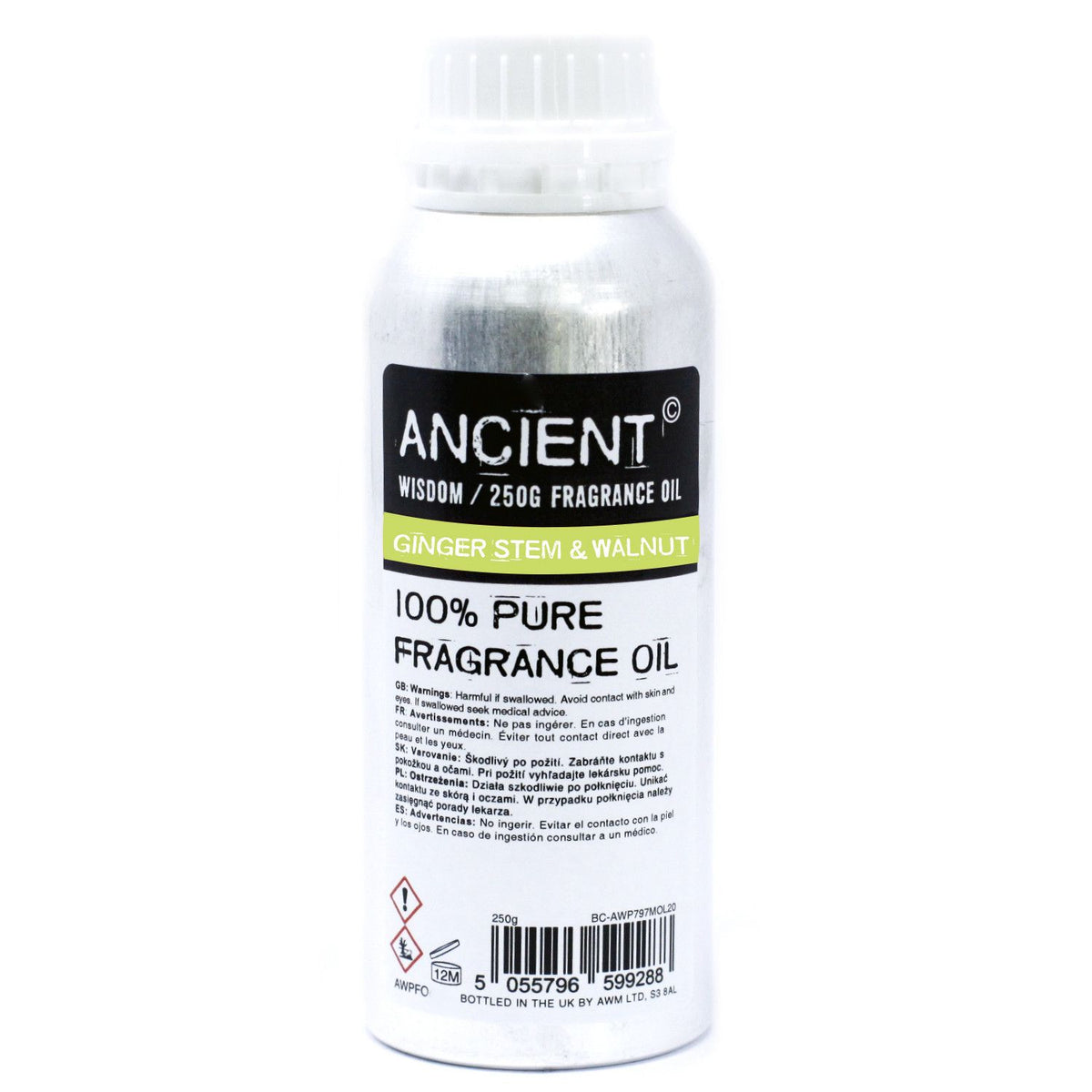 Botella de aluminio de 250g de aceite aromático de tallo de jengibre y nuez con etiqueta informativa.