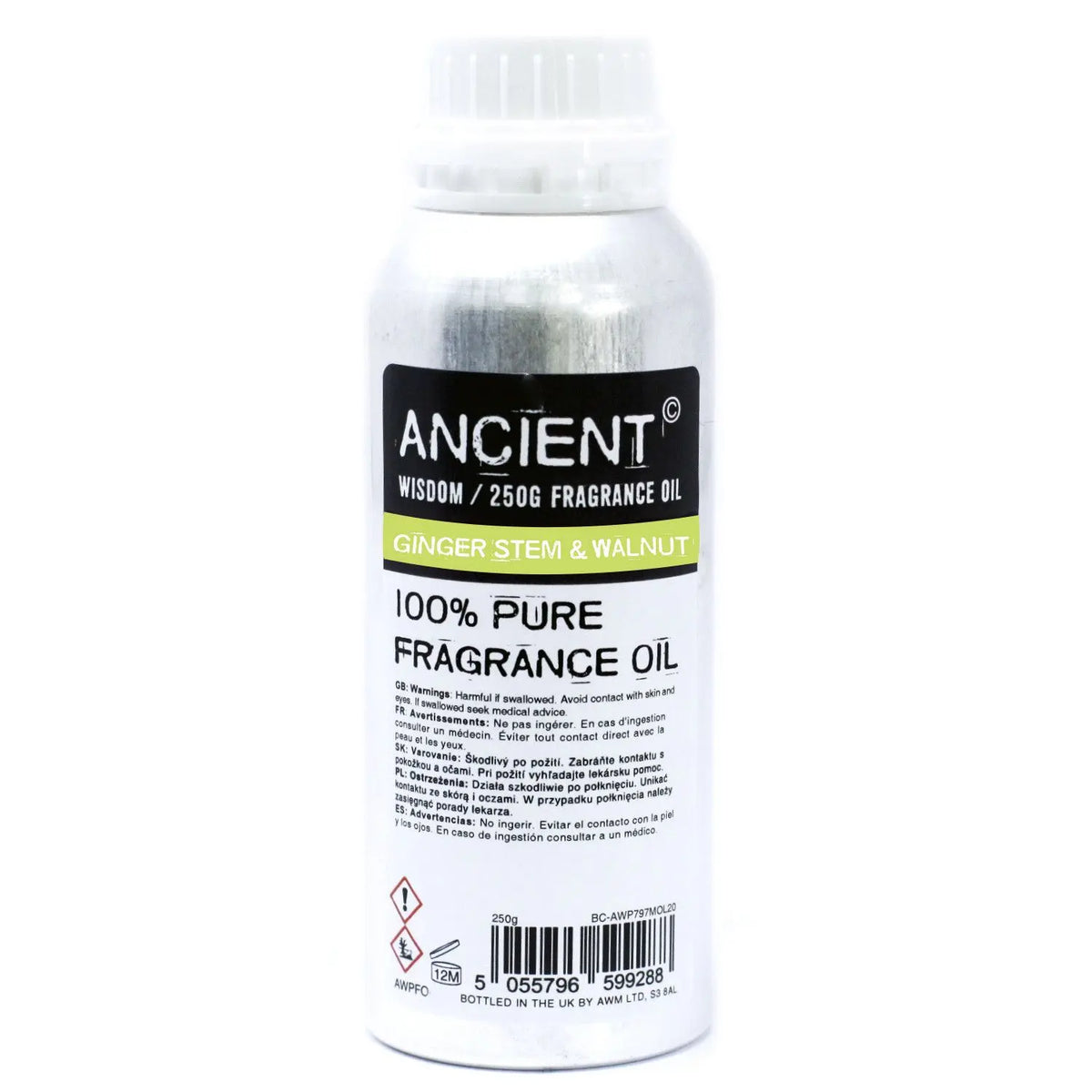Botella de aluminio de 250g de aceite aromático de tallo de jengibre y nuez con etiqueta informativa.