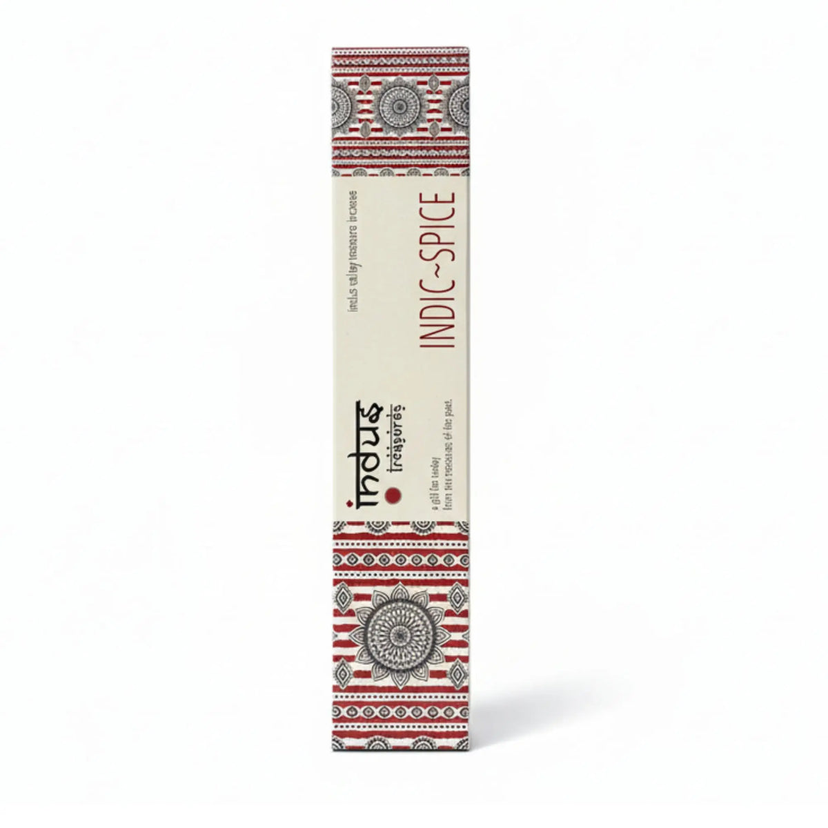 Caja de incienso artesanal con diseño indio en tonos crema, rojo y negro con motivos geométricos y florales mandala