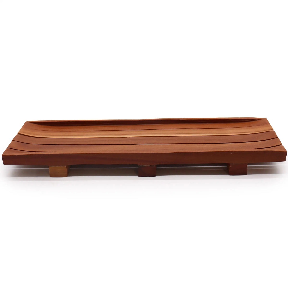 Bandeja rectangular de madera natural veteada, estilo rústico con patas, ideal para organizar jabones.