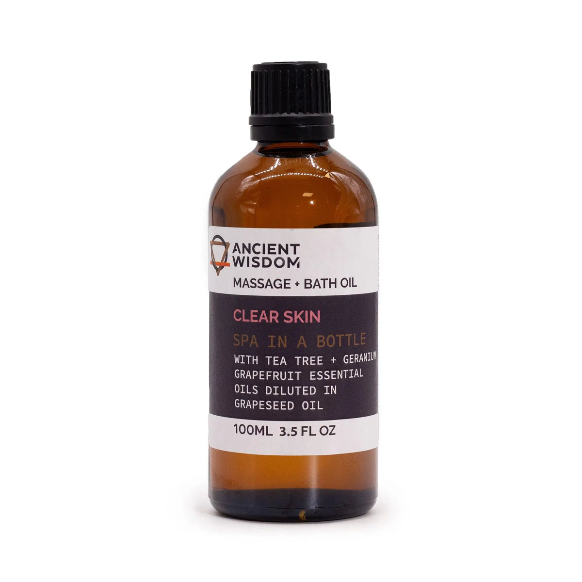 Frasco de vidrio ámbar de 100 ml con etiqueta blanca y negra para aceite de masaje corporal, tapa negra a rosca.