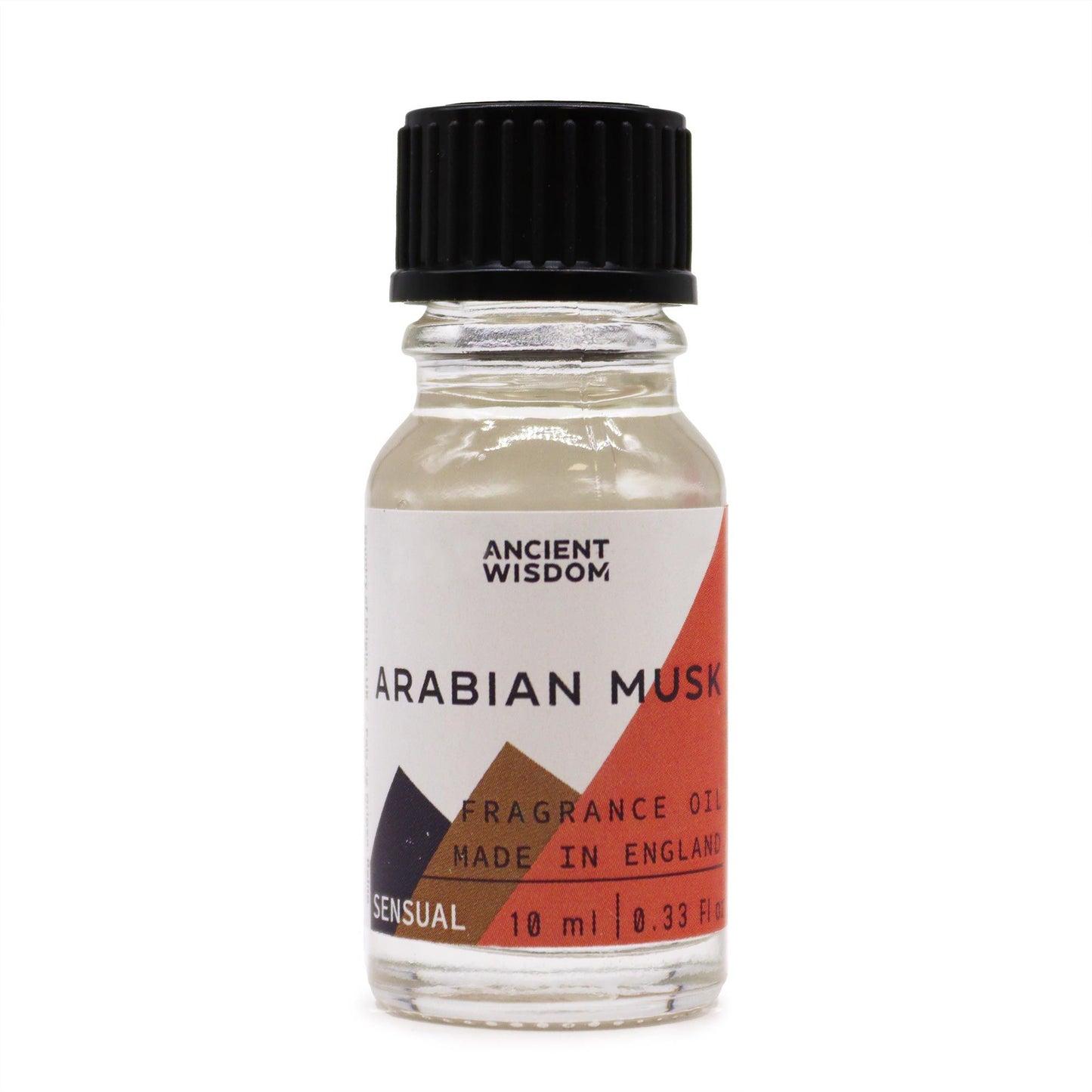 Frasco pequeño de vidrio transparente con 10ml de aceite de fragancia, tapa negra y etiqueta con motivos geométricos.