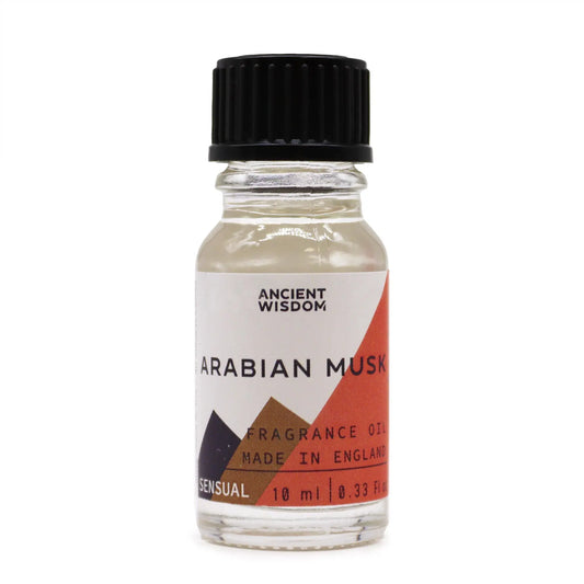 Frasco pequeño de vidrio transparente con 10ml de aceite de fragancia, tapa negra y etiqueta con motivos geométricos.