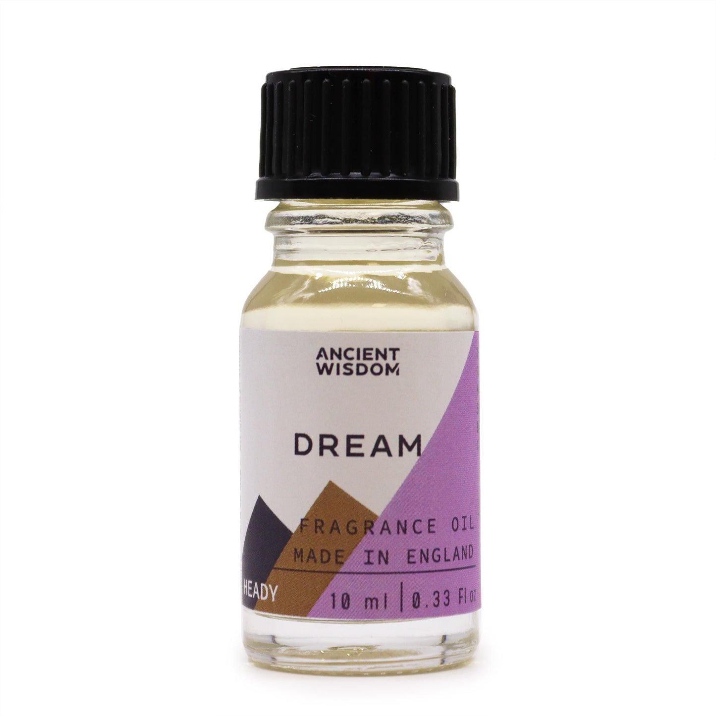 Frasco de vidrio de 10ml con aceite de fragancia, tapa negra y etiqueta con diseño geométrico en tonos lila y marrón.