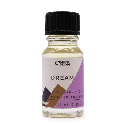 Frasco de vidrio de 10ml con aceite de fragancia, tapa negra y etiqueta con diseño geométrico en tonos lila y marrón.