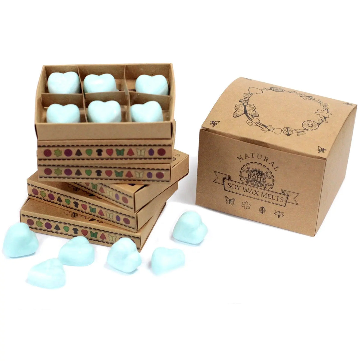 Cajas de cartón con 6 ceras de soja en forma de corazón color azul claro y diseño decorativo floral.