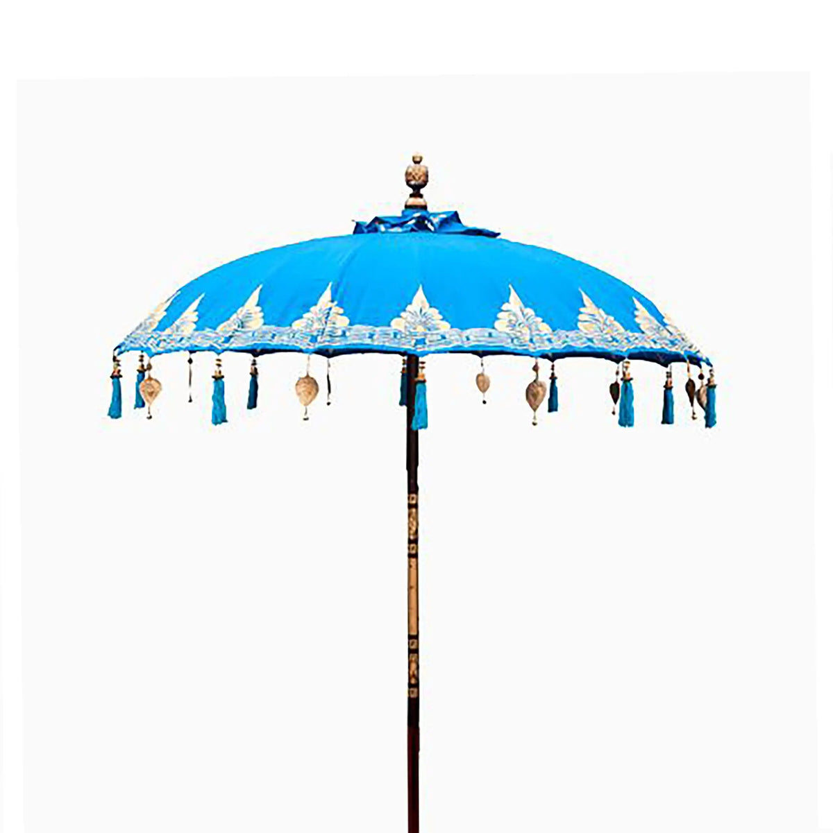 Sombrilla balinesa turquesa de algodón, 2m, decorada con bordados dorados, borlas colgantes y mástil de madera tallada.