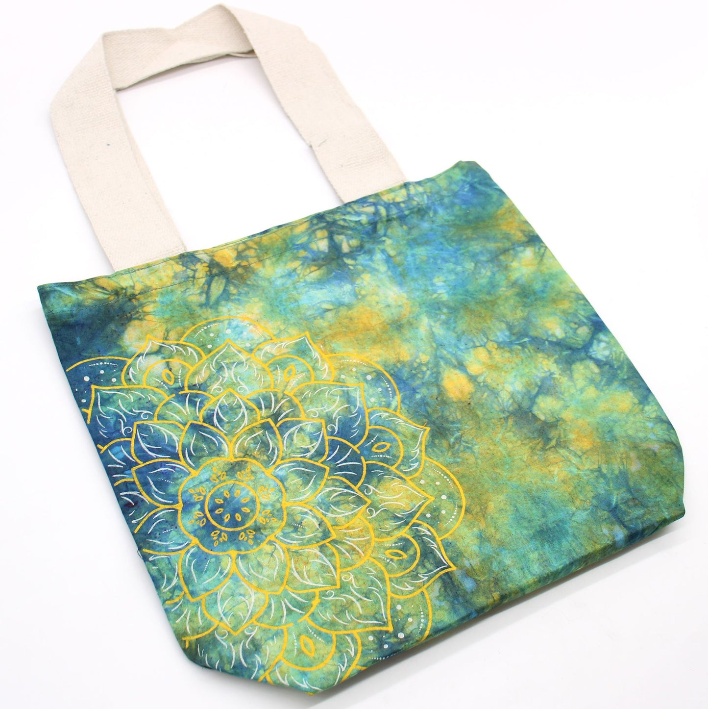 Bolsas de Algodón "Tie Dye" (170g) - 38x42x12cm - Mandala - Verde y Azul - Asa Natural