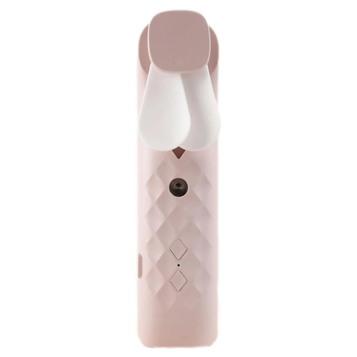 Ventilador portátil rosa con textura romboidal, aspas blancas, pulverizador facial y botones de control integrados.