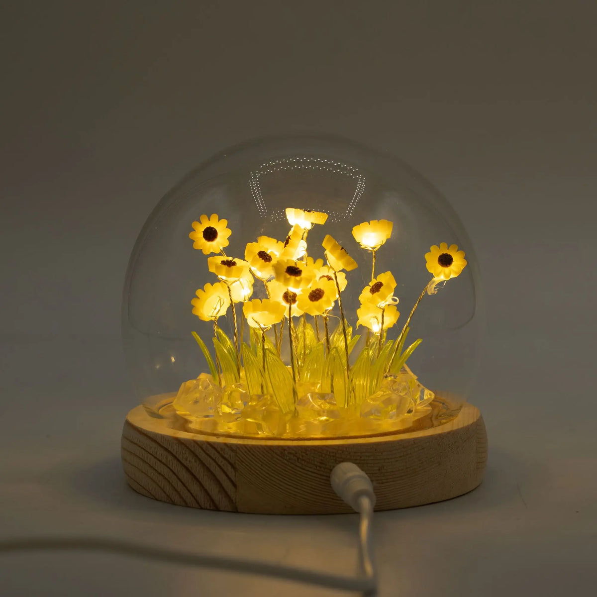 Domo de cristal con 20 girasoles LED amarillos, base de madera clara y cable USB, iluminado sobre base de piedras.
