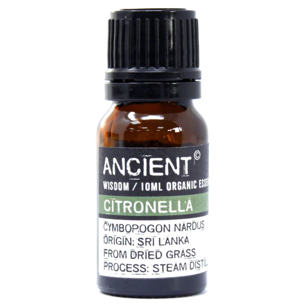 Aceite esencial de citronela orgánico, frasco marrón de 10 ml, extracción por destilación al vapor, de hierba seca.