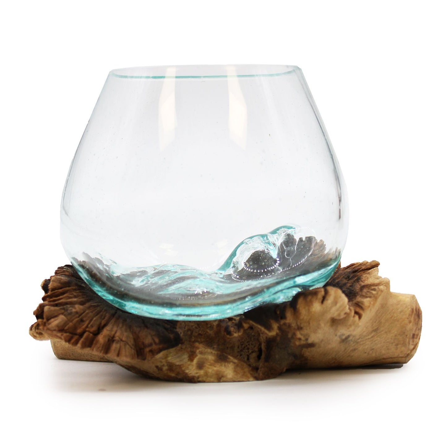 Vidrio reciclado fundido sobre madera parásita rara artesanal Bali pieza única