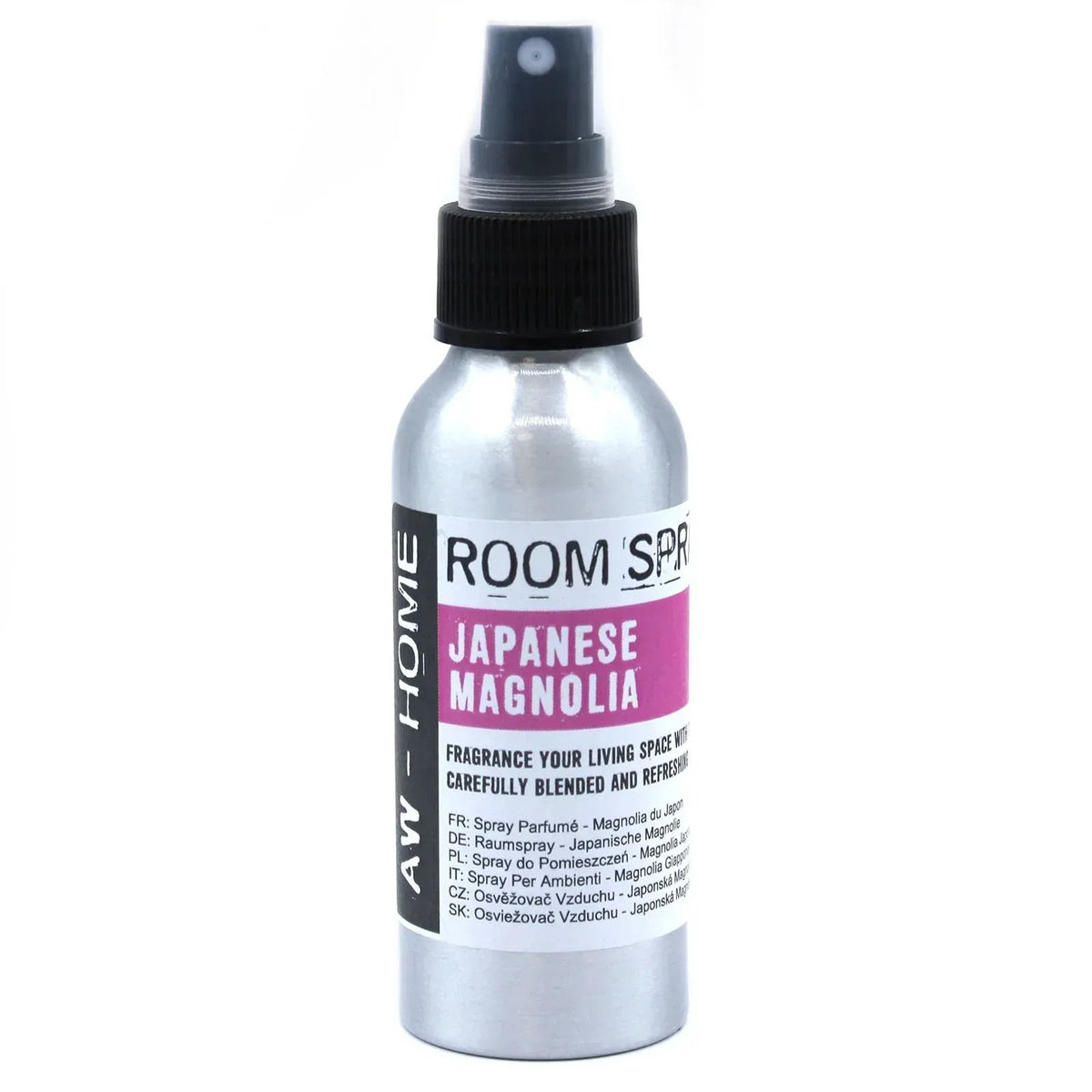 Spray ambiental de 100ml en envase de aluminio plateado con atomizador negro y etiqueta rosa de Japanese Magnolia.