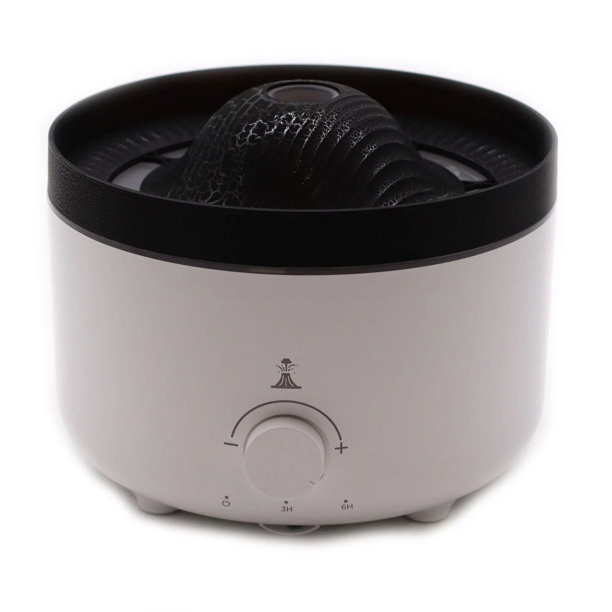 Difusor eléctrico Ancient Wisdom, forma cilíndrica blanca con cúpula central negra texturizada y control de intensidad.