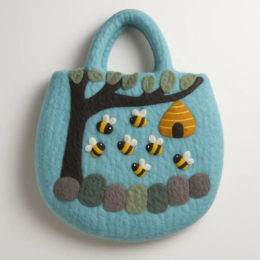 Bolso de fieltro azul claro con diseño artesanal de árbol, colmena y abejas en relieve. Estilo natural y decorativo.