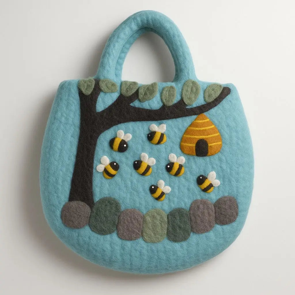 Bolso de fieltro azul claro con diseño artesanal de árbol, colmena y abejas en relieve. Estilo natural y decorativo.