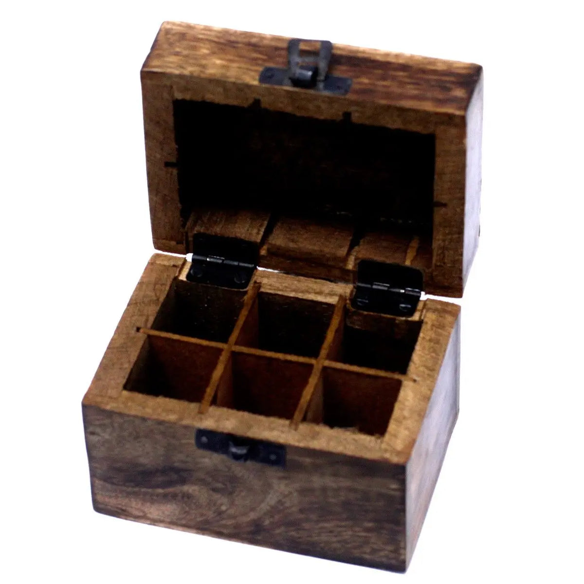 Caja de aromaterapia de madera de mango color marrón, rectangular, con tapa abatible y 6 compartimentos internos.