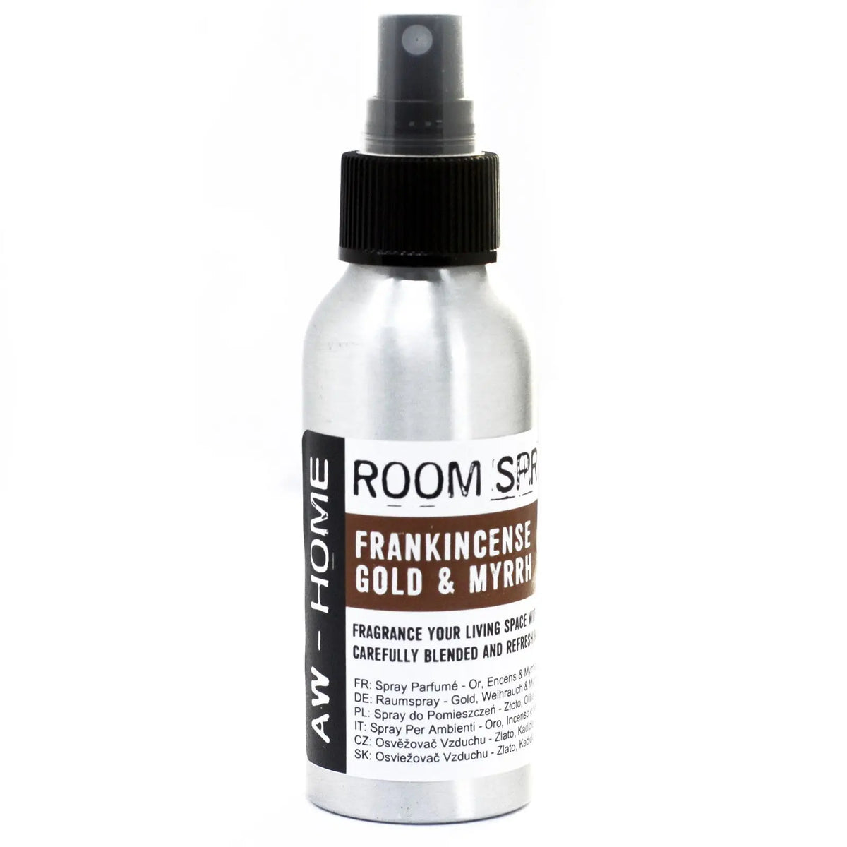 Botella de spray plateada de 100ml con etiqueta blanca y marrón, tapón negro y pulverizador, sobre fondo blanco.