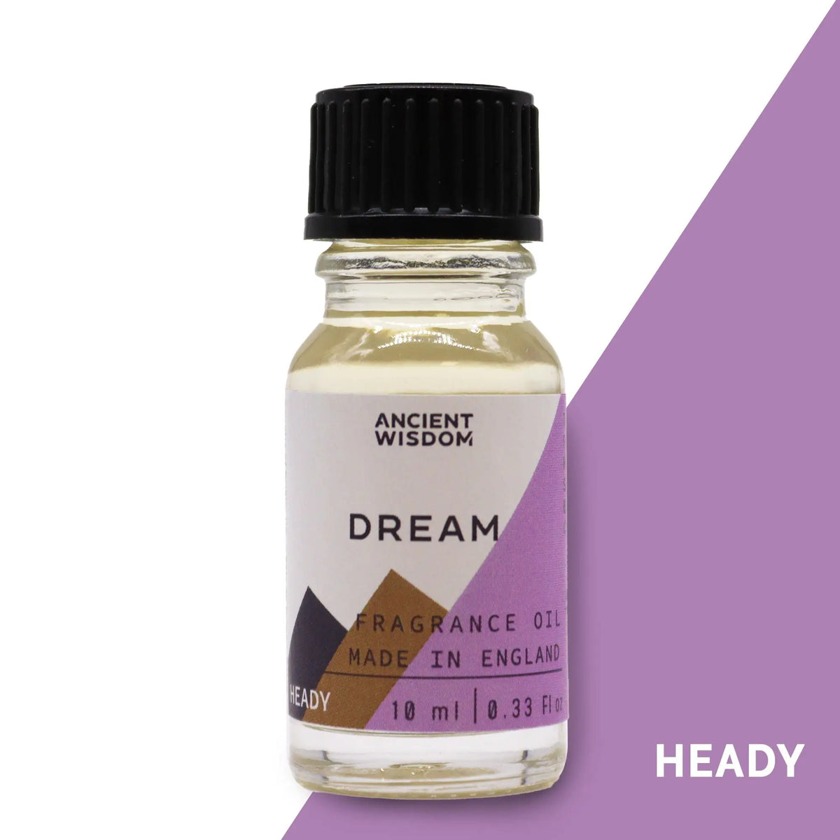 Frasco de vidrio de 10 ml con aceite fragante, etiqueta de diseño geométrico en tonos lila y marrón, y tapón negro.