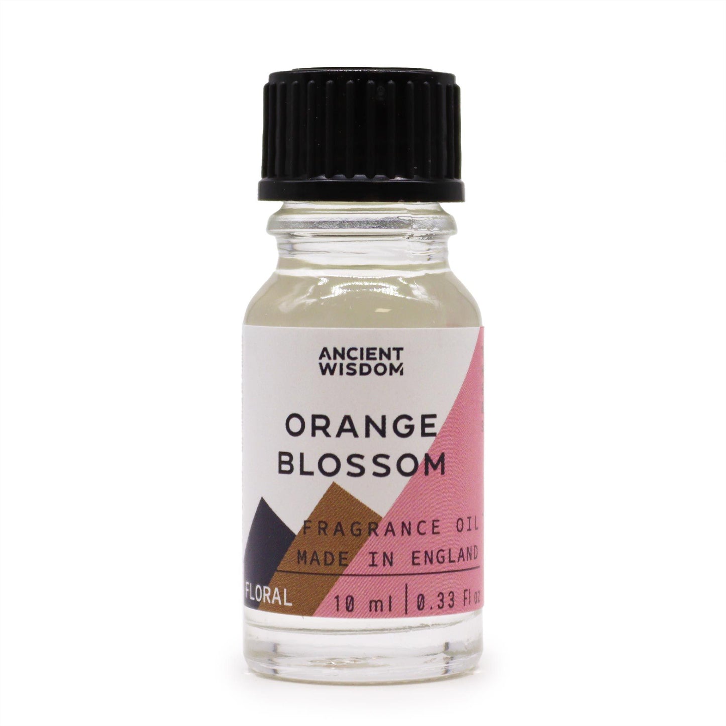 Frasco de vidrio de 10ml con aceite de fragancia, etiqueta blanca y rosa con texto, tapón negro, sobre fondo blanco.