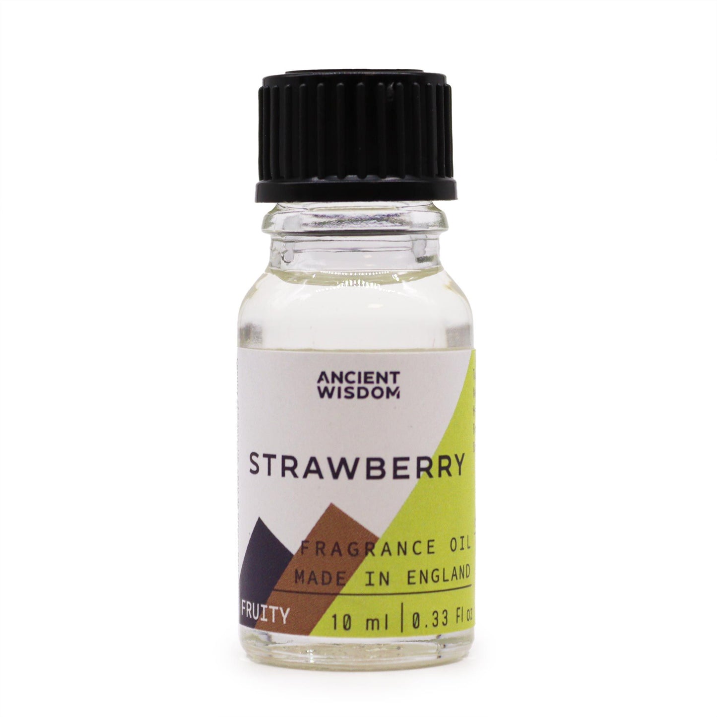Frasco de vidrio transparente de 10ml con tapa negra y etiqueta blanca con texto "Strawberry" y detalles geométricos.
