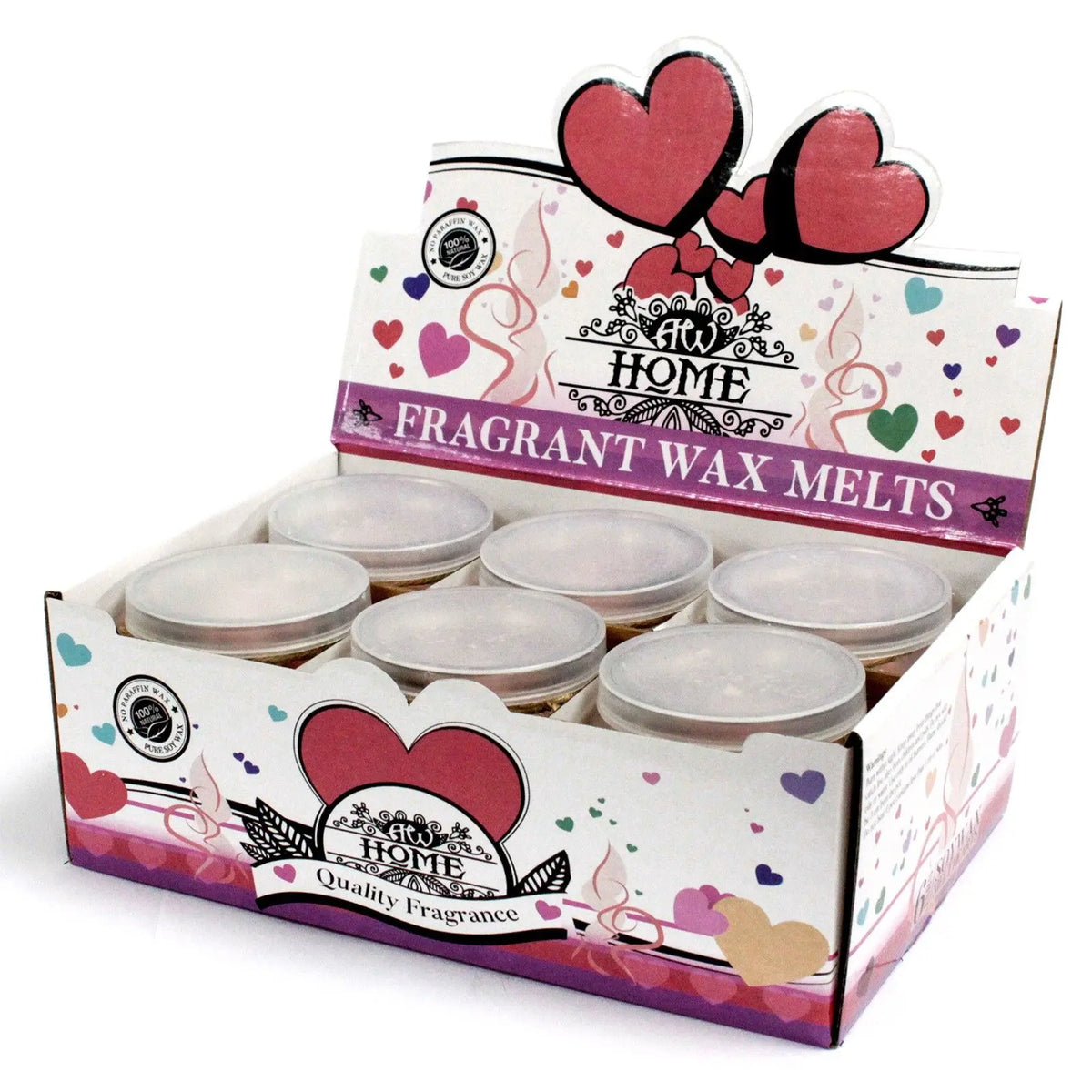 Caja expositora con seis frascos de cera de soja aroma melocotón decorada con corazones y tonos románticos en cartón