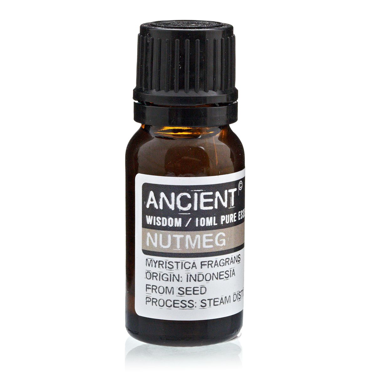 Aceite esencial de nuez moscada, 10ml, origen Indonesia, frasco marrón con tapa negra, destilado al vapor.