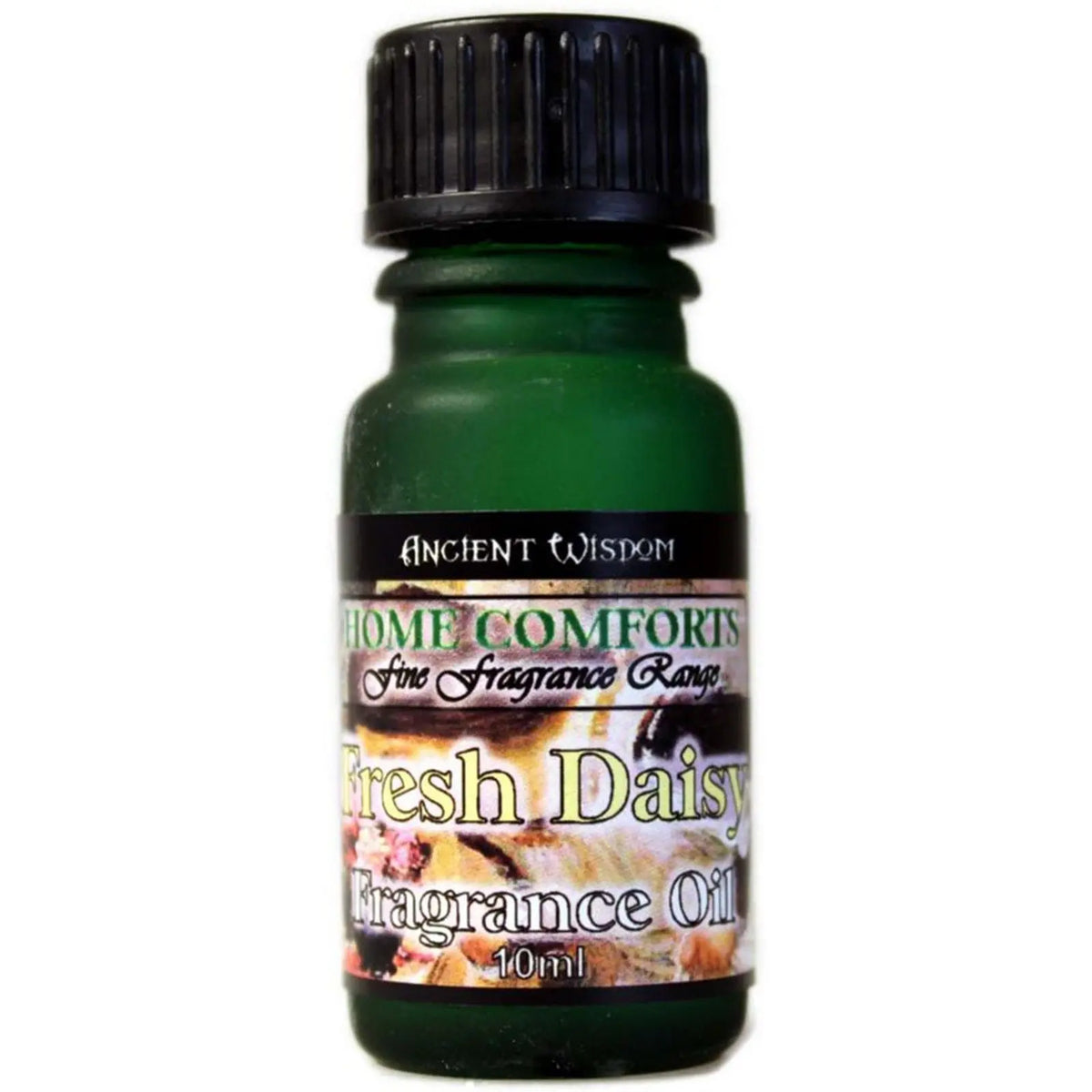 Frasco de vidrio verde de 10ml con tapón negro y etiqueta decorada con flores, contiene aceite de fragancia.