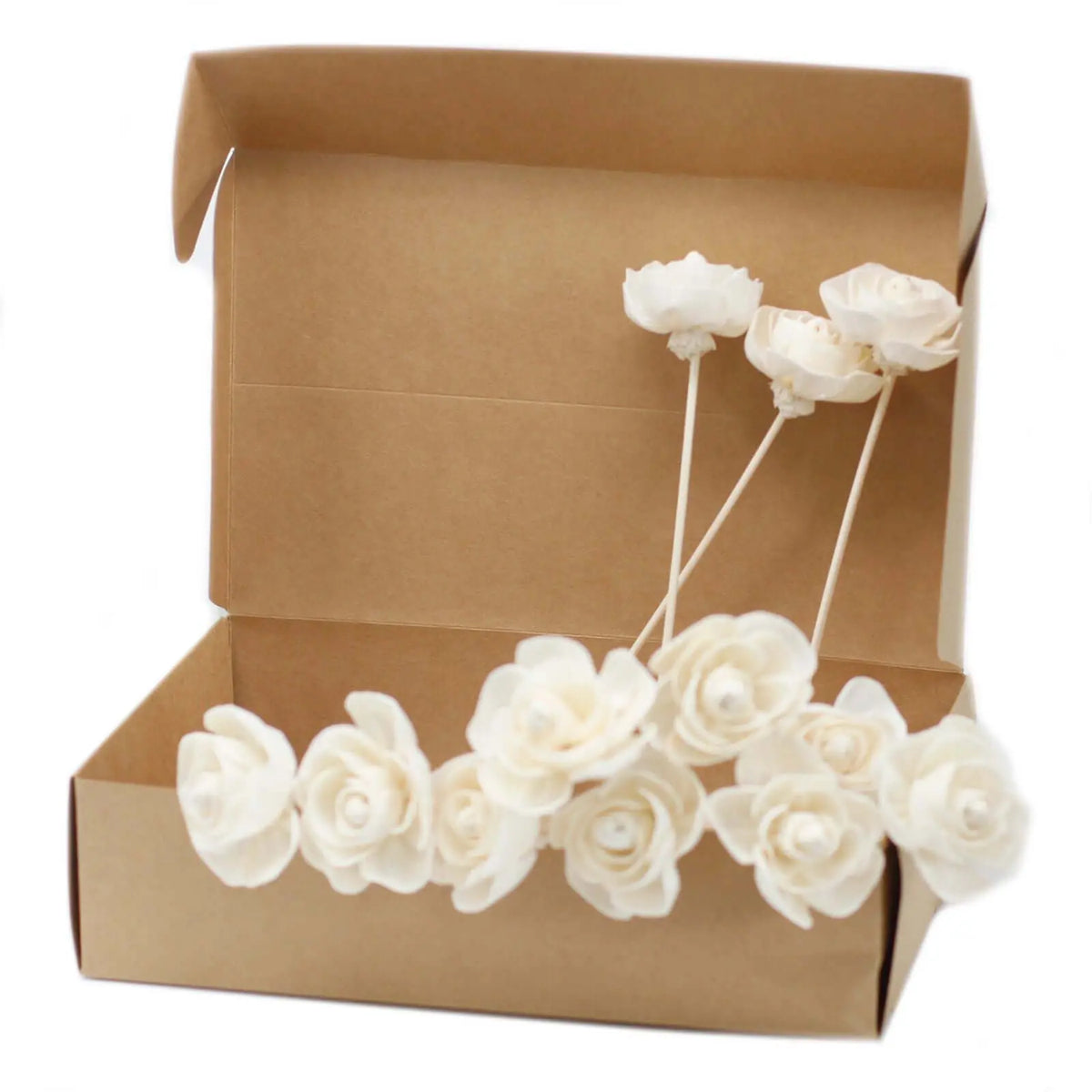 Flores difusoras blancas hechas a mano con tallos de madera, presentadas en una caja de cartón kraft abierta.