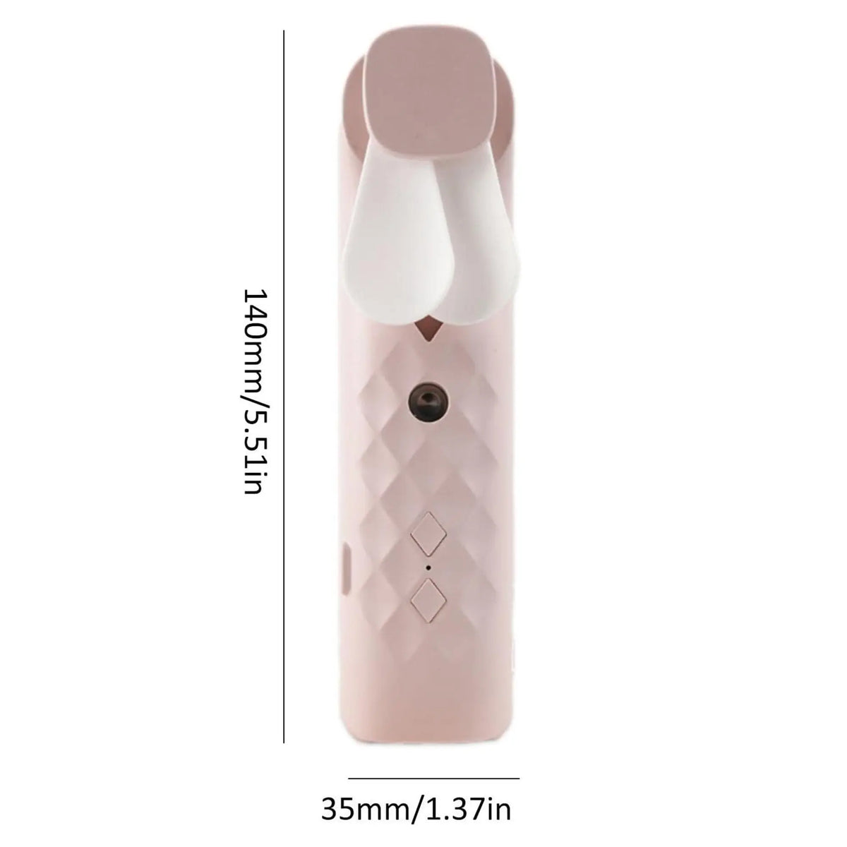 Ventilador facial rosa portátil, textura geométrica, con pulverizador y aspas blancas. Medidas: 140mm x 35mm. USB.