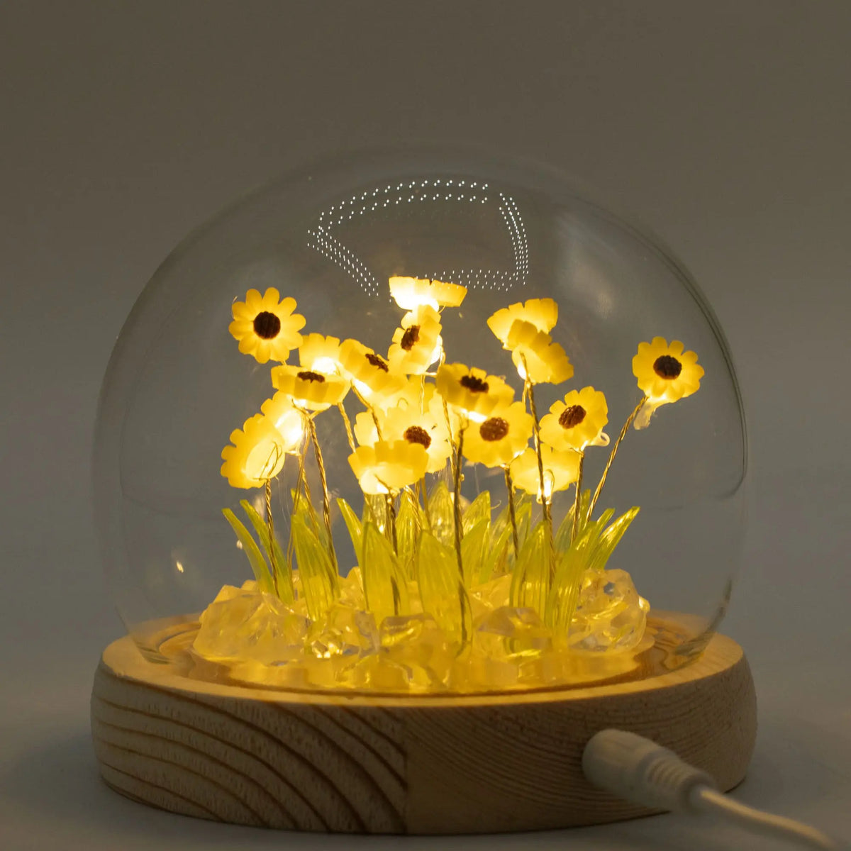 Domo de cristal con 20 girasoles LED amarillos, base de madera clara y cable USB, iluminando un jardín en miniatura.