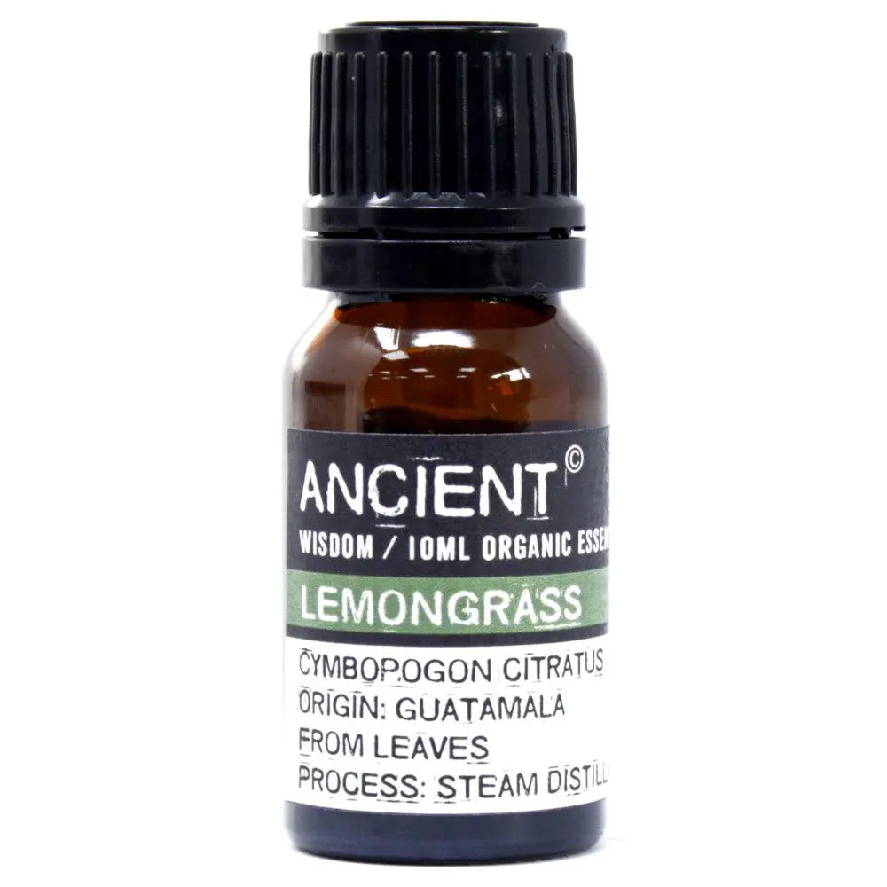 Frasco de vidrio ámbar de 10ml con tapa negra, etiqueta blanca y verde de aceite esencial de hierba de limón Ancient Wisdom.