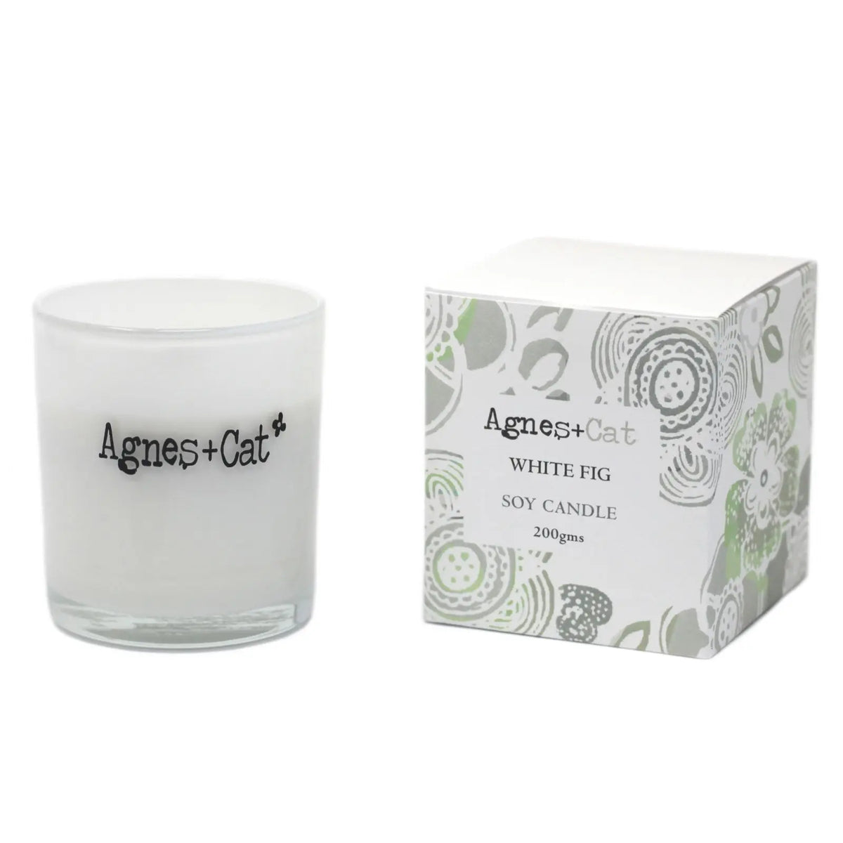 Vela de soja blanca "Higo Blanco" de Agnes+Cat, envase elegante con caja floral. Ideal para decoración y aromaterapia.