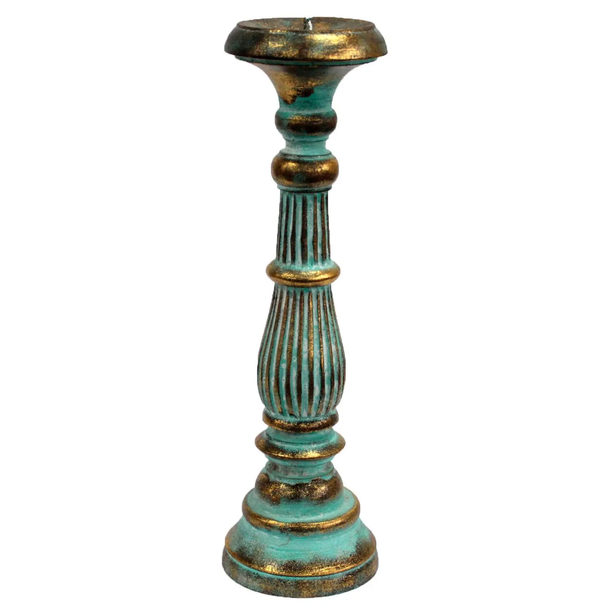 Candelabro vintage de madera torneada en tonos turquesa y oro, con diseño elegante y acabado envejecido artesanal.