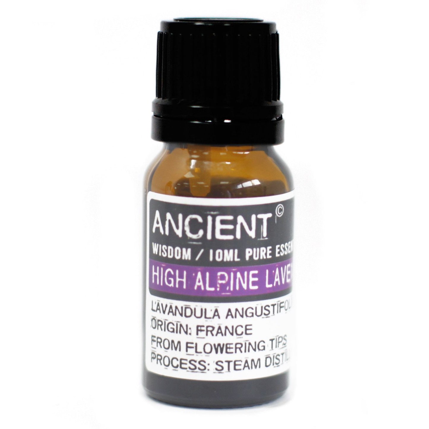 Aceite esencial de lavanda alta montaña, color morado, vidrio ámbar, origen Francia, destilación al vapor.