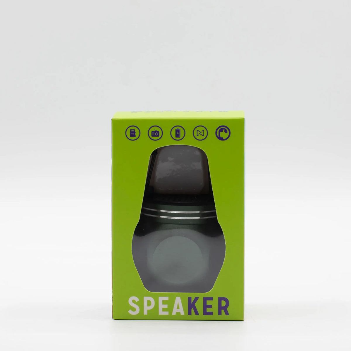 Altavoz Bluetooth mini color verde en caja de cartón con iconos de funciones y gancho para acampar, marca Ancient Wisdom.