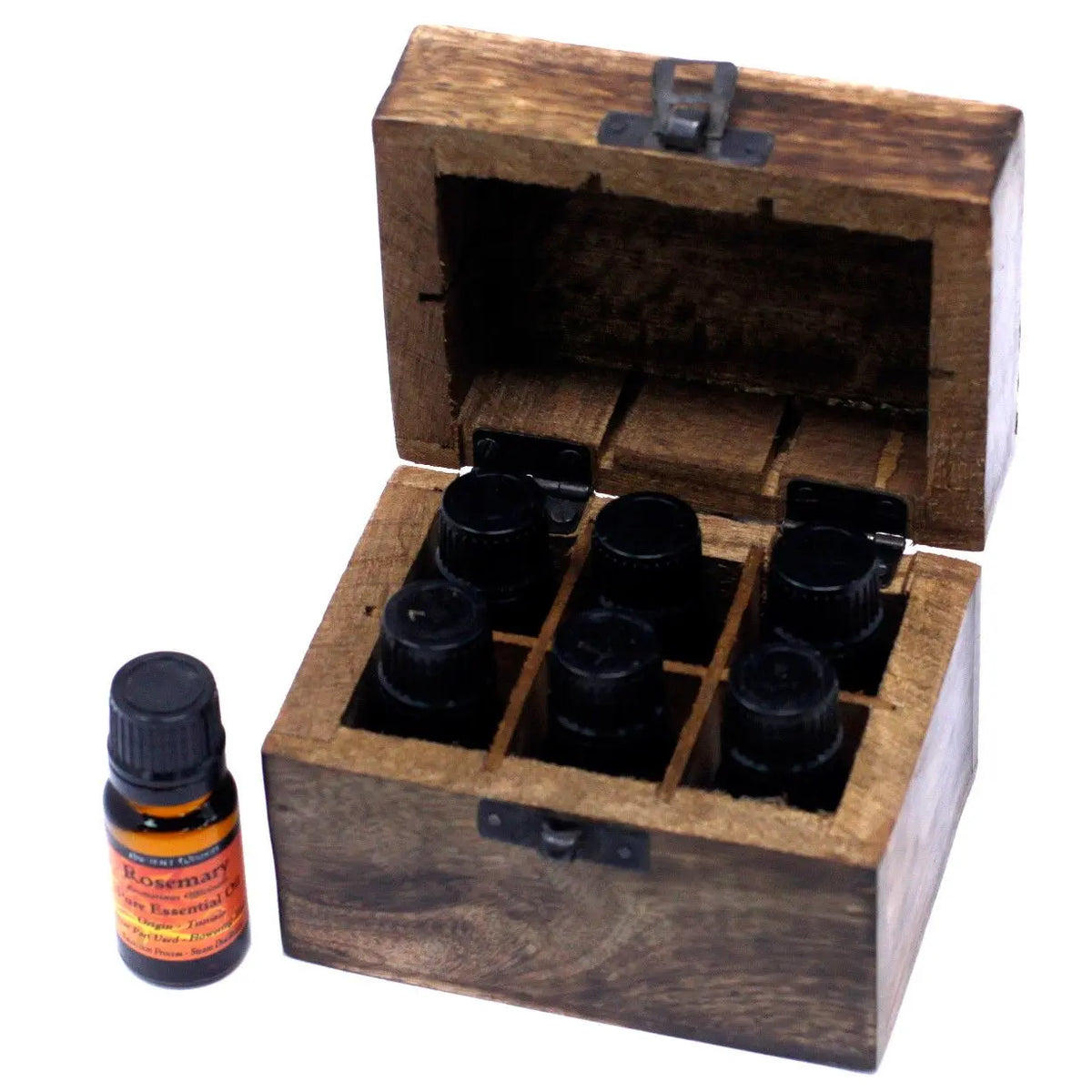 Caja rectangular de madera de mango con tapa, compartimentos para 6 aceites esenciales y un frasco al lado.