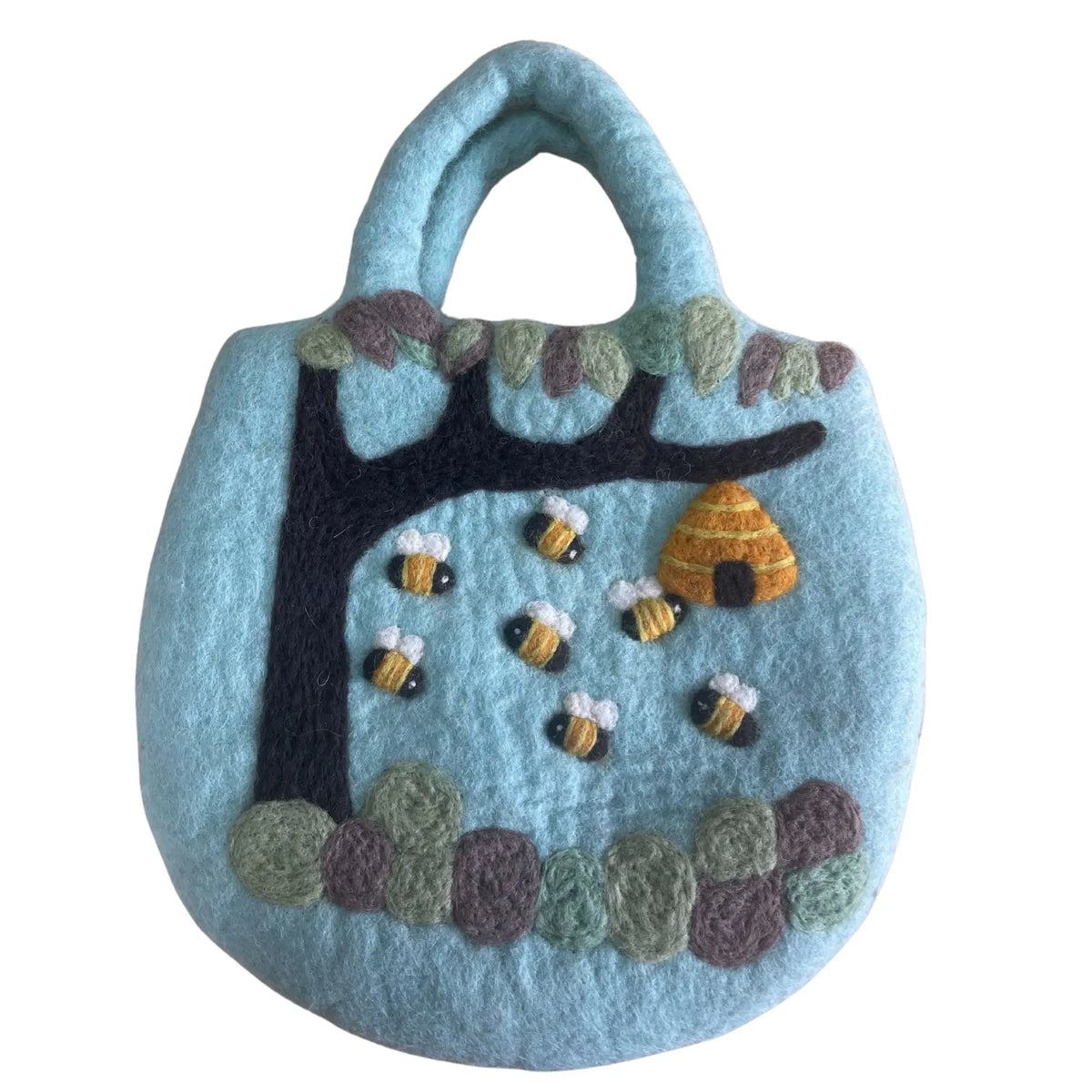 Bolso de fieltro celeste con diseño artesanal de árbol, colmena y abejas. Formato redondeado con dos asas.