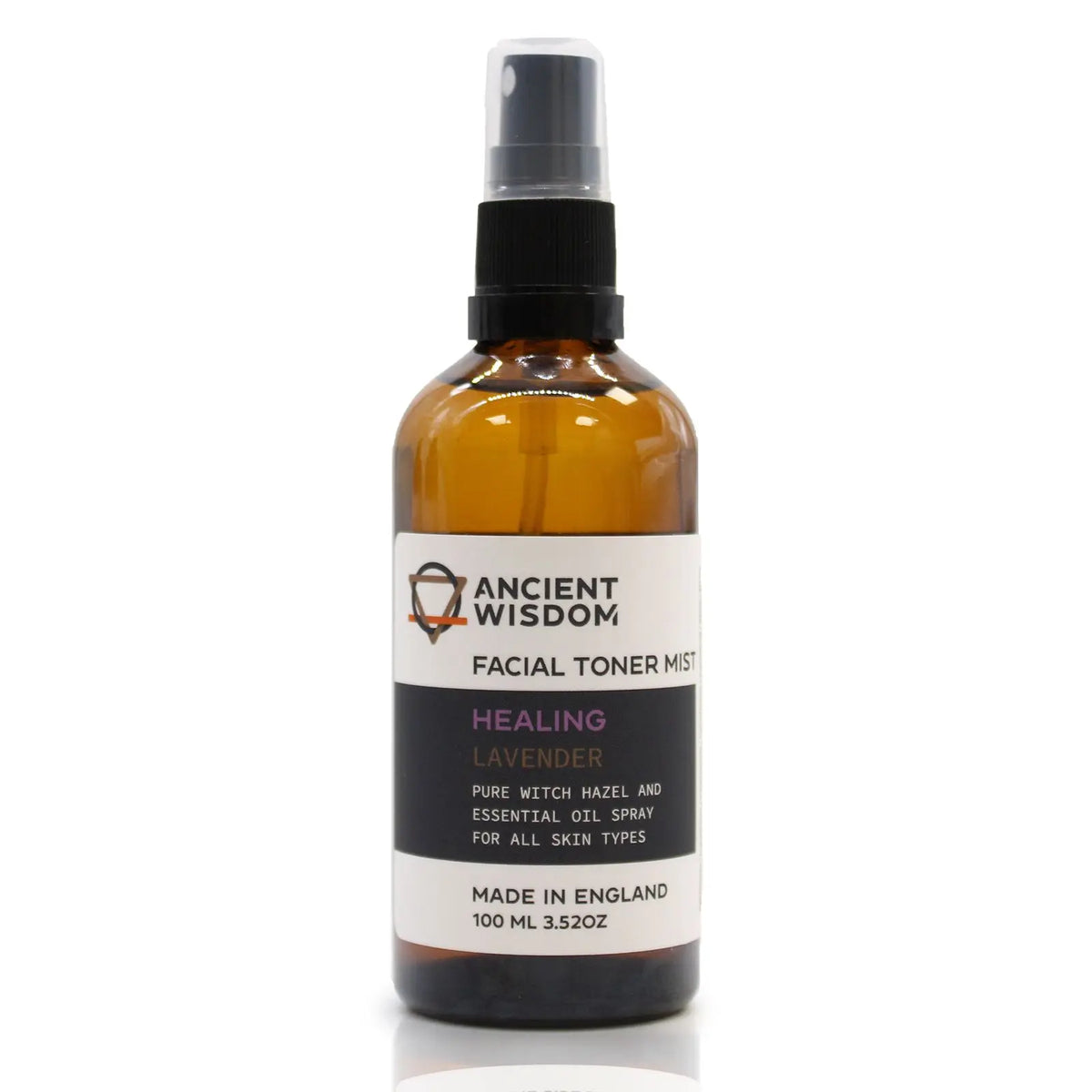 Envase de vidrio ámbar de 100ml con atomizador negro, etiqueta blanca y negra de tónico facial de lavanda.