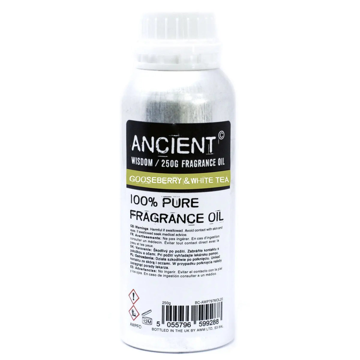 Botella de aluminio plateado de 250g con etiqueta negra y verde de aceite de fragancia de grosella y té blanco.