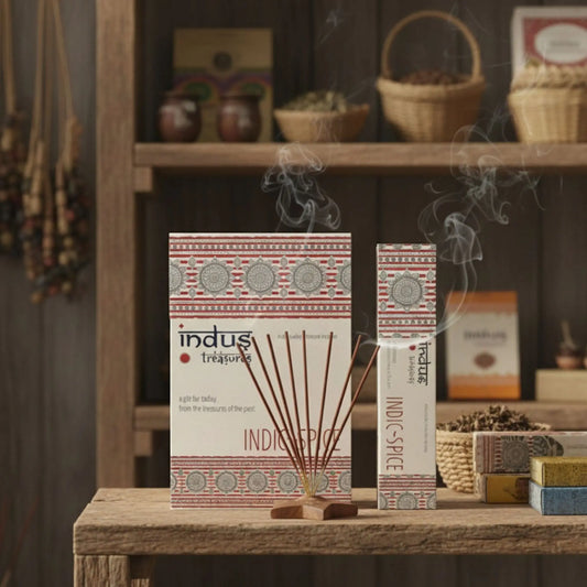 Incienso artesanal en varillas frente a cajas decoradas con motivos hindúes, desprendiendo humo aromático sobre madera.