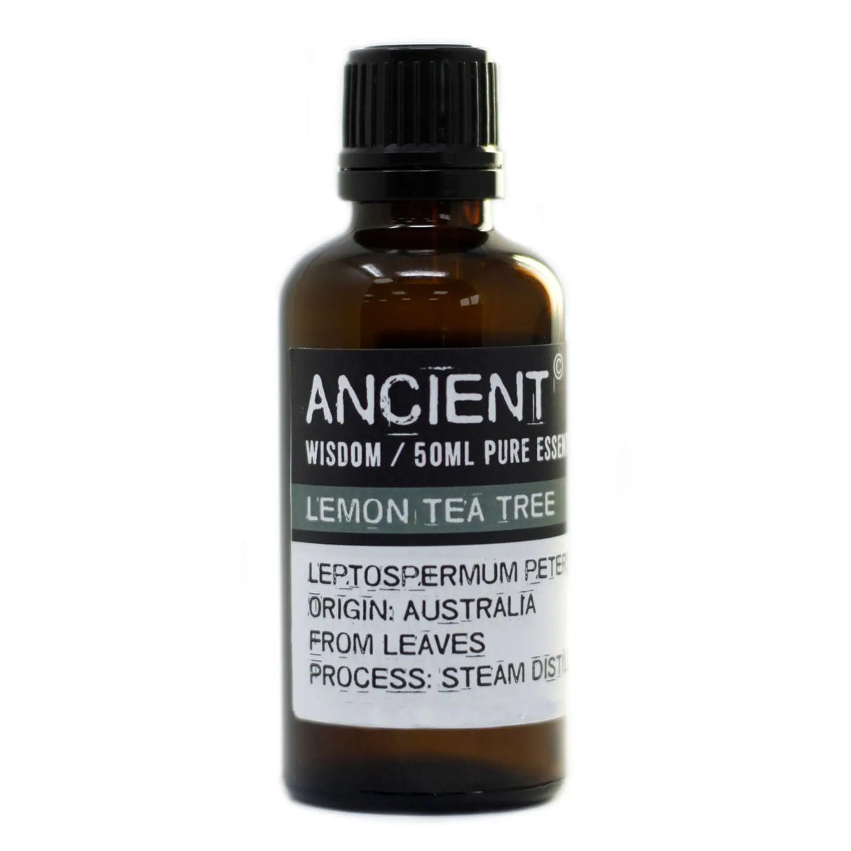 Frasco de vidrio ámbar de 50ml con aceite esencial de árbol de té limón y tapón de rosca negro sobre fondo blanco